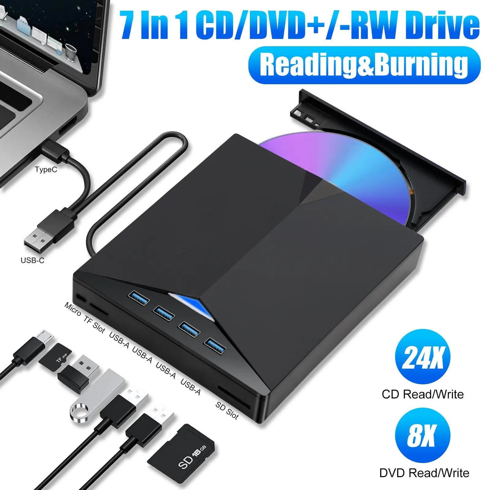 External CD DVD Drive for Laptop & Desktop , [7 in 1] USB 3.0 Type-C External DVD Player Portable CD/DVD ROM Burner with TF/SD Card Slots