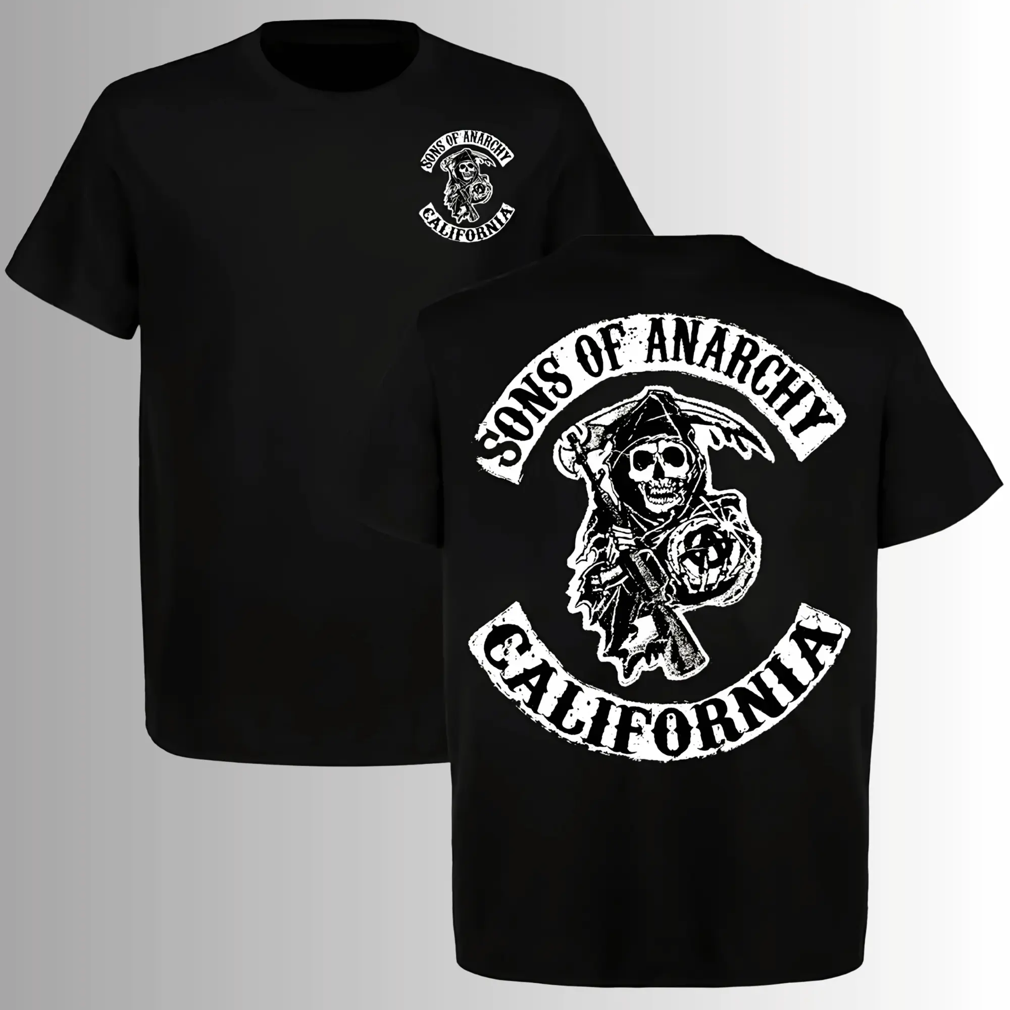 Menswear Classic Sons Of Anarchy Grim Reaper Cotton T-Shirt - Short-Sleeve, Round Neck, 2-Sided California Biker Club Graphic, Breathable Casual Sports Top for Joggers, Day Wear