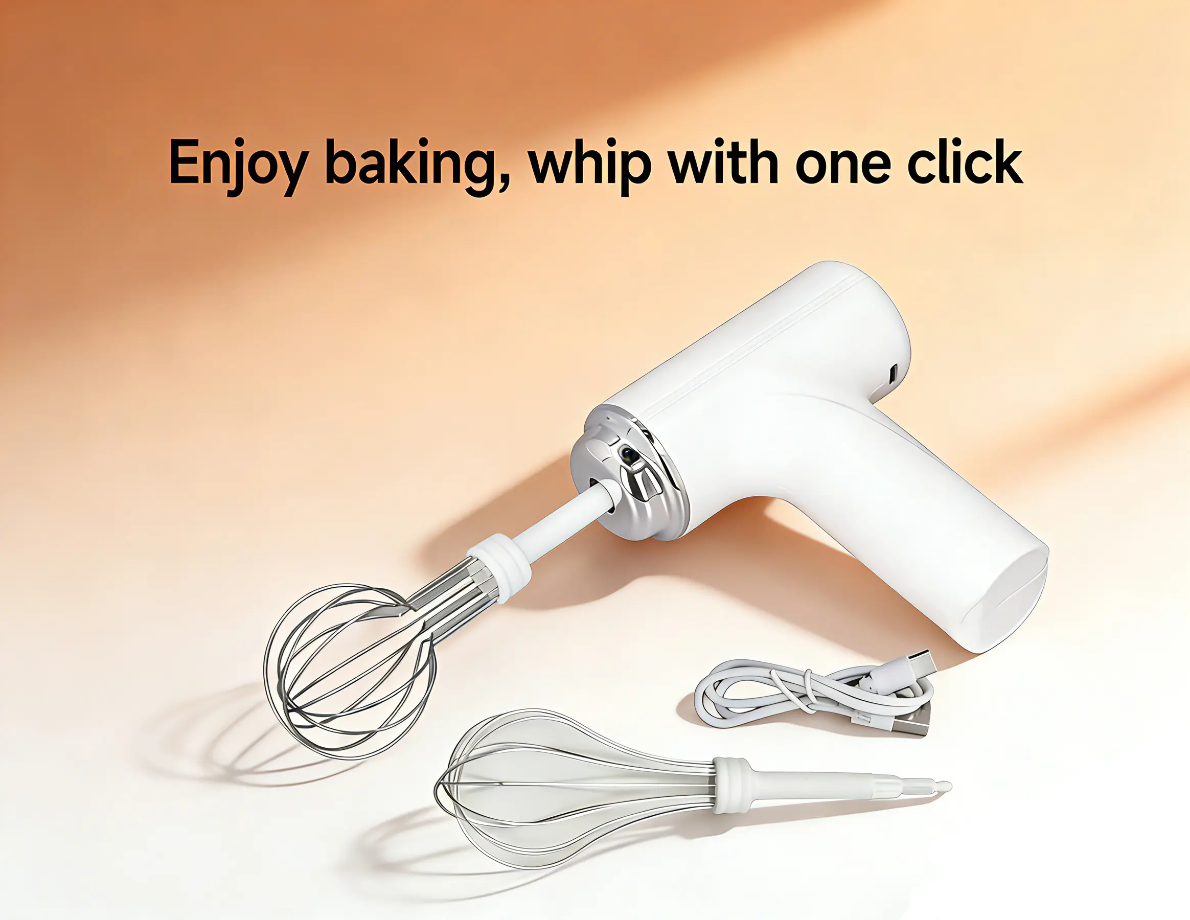 Cordless Single Handle Mixer Eggbeater - Handheld Electric Whisk with 3 Speed Modes, 2 Detachable Stir Whisks (White) for Office Presentation Supplies