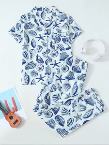 Women's Two-Piece Pjs Set, Casual Comfortable Fitted Lapel Pocket Woven Shirt Short Sleeve + Elastic Waist Home Pants, Blue Shell Print, Nightwear Loungewear