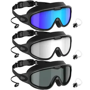 3PCS Adult Mirrored Silicone Swimming Goggles, Wide-View UV400 Protection, Anti-Fog, Leak-Proof Swim Glasses with Earplugs & Nose Clip, Swimming Accessories for Outdoor Water Sports, Mirrored Goggles
