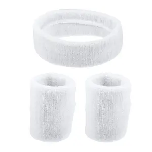 Unique Bargains 3 Pcs Sport Headband Wristband, Sweatband, Stretchy Cotton Blend Sweat Absorbing White