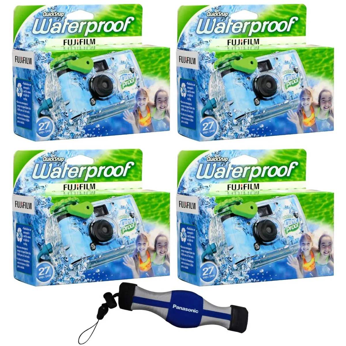 Fujifilm 4-PACK QuickSnap 800 Waterproof 35mm One-Time-Use Disposable Camera, 27 Exposures with Panasonic Floating Camera Strap