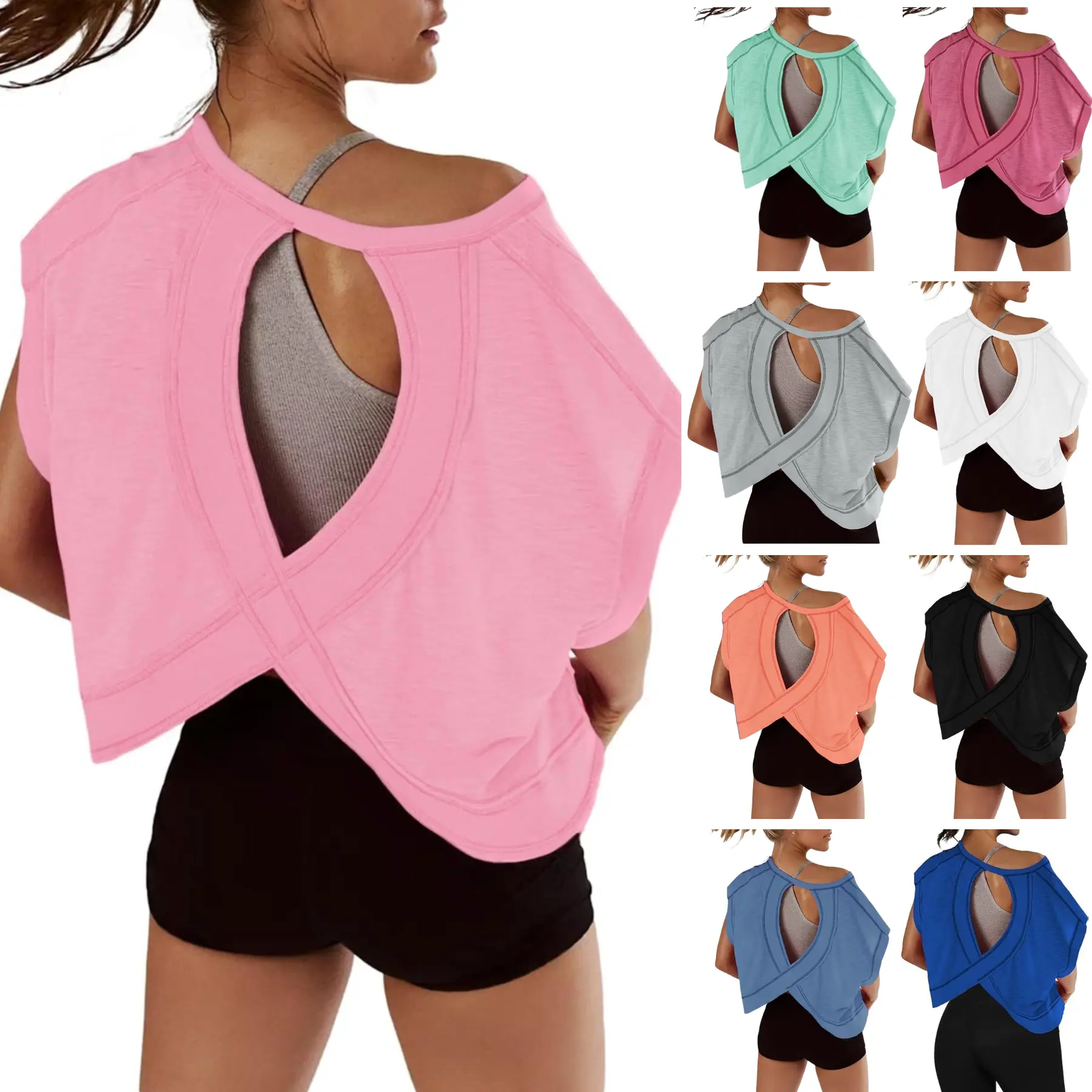SCUSTY Women Casual Sportswear Short Sleeve Workout Shirts Open Back Tops Casual Yoga Y2k Athletic Gym Slouchy Crop Running Tees
