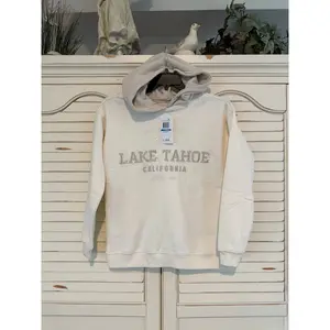 Ultra Flirt Menswear Ribbed Soft Denim Longsleeves Casual Varsity Embroidered Lake Tahoe Pullover Hoodie Sweatshirt, Beige Gardenia, Size S, Clothes