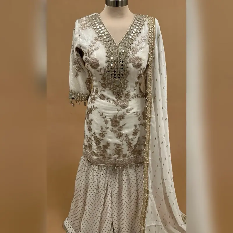 Off White Color Designer Party Wear Sharara Suit With Matching Dupatta