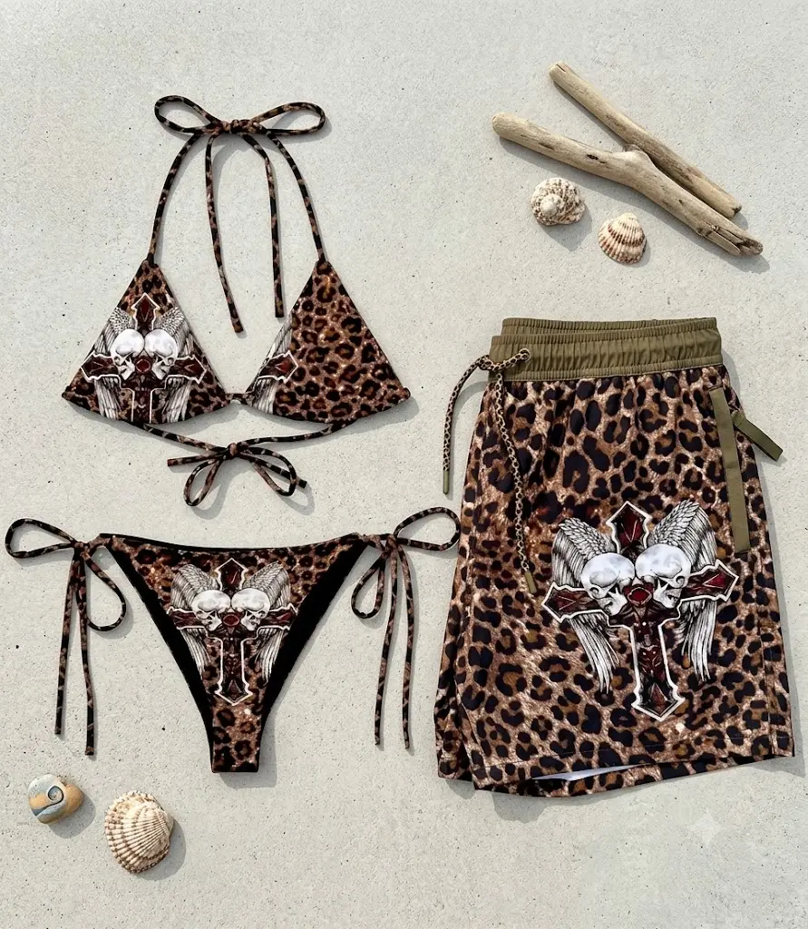 Bold Leopard Print Matching Couple Swimsuit Set - Angel Skull Graphic Beach Set,Matching Couple Swimwear beach Summer Holiday