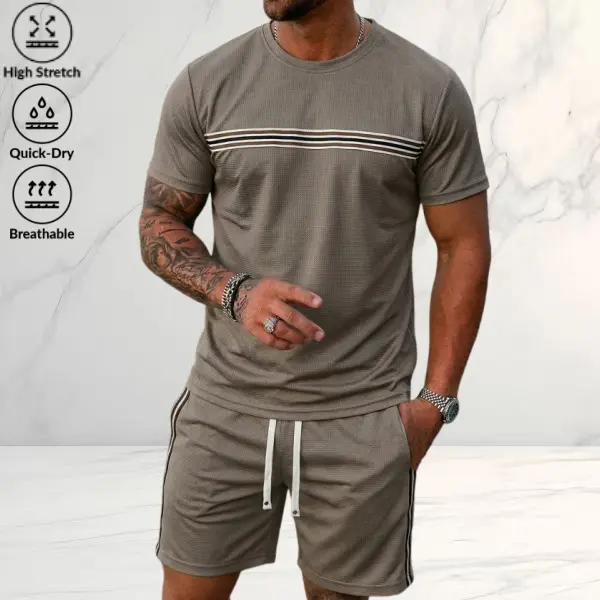 Men’s Summer 2-Piece Workout Active Sportswear Set - Crew Neck Short-Sleeve Top, Elastic Waistband with Drawstring Shorts - Versatile for Daily Commuting, Fitness