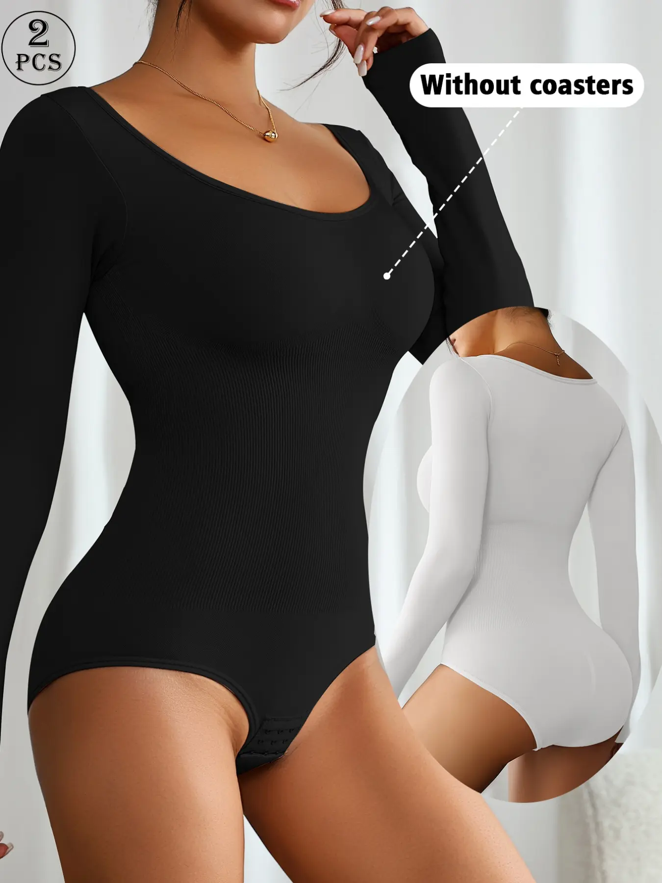 2 piece set Solid Color High-Stretch Bodysuit with Crotch Snap, Women's Autumn and Winter Long Sleeve, Everyday Casual Yoga Exercise, Tummy Control, Hip Lifting, Body Shaping, Shapewear Bodysuit, Compression Body Shapewear