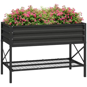 Outsunny Galvanized Steel Elevated Raised Garden Bed with Legs, Storage Shelf, Bed Liner, Planter Box for Vegetable Gardening, Flowers, Black