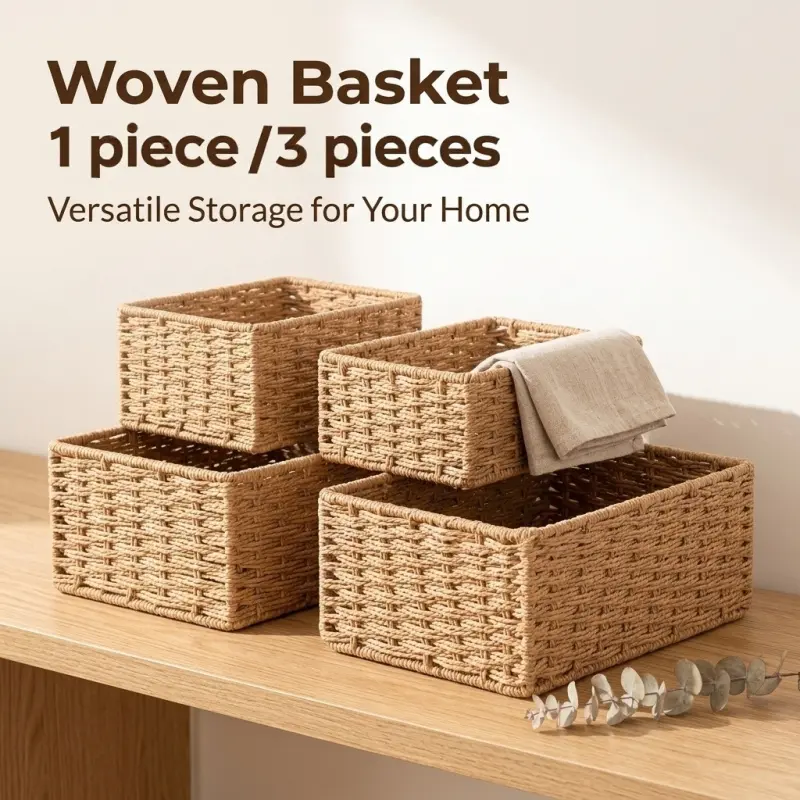 1/3-piece rectangular handwoven storage basket set, Organizing Baskets, stackable storage boxes of various sizes, suitable for home, bedroom, bathroom, wardrobe, and other clutter storage.