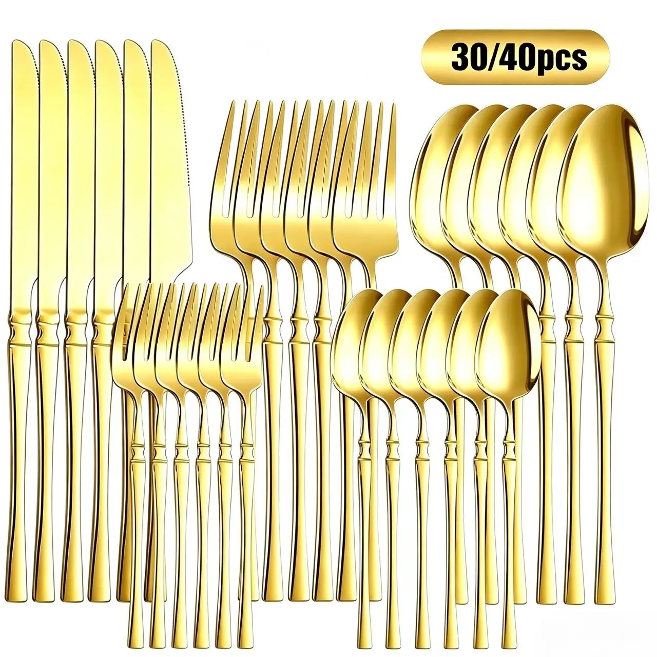 30/40-Piece Stainless Steel Silverware Set for 6-Mirror-Polished Knives, Forks, Spoons, Teaspoons & Dessert Forks,Durable and Dishwasher-Safe Modern Tableware Sets Dinnerware Sets Stylish Sturdy Cutlery Metal