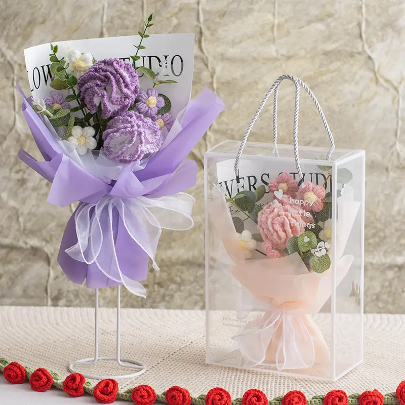 Handmade Flowers Crochet Artificial Bouquet Decoration Bouquet with Knitted Rose, Carnation, Sunflower, Floral Decor for Women’s Room, Unique Birthday Gift in Box