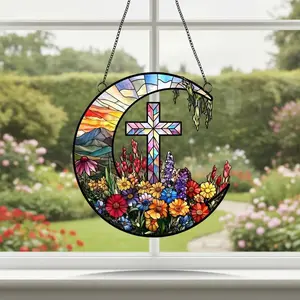 Christian Cross Wildflower Acrylic Suncatcher – Window Hanging Decor, Mother’s Day Gift for Mom, Mama, Nana, Mimi
