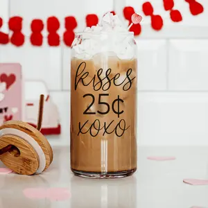 Kisses 25 Cents | Cute Valentines Day Glass Cups & Straws | Modern Vday Decor | XOXO Coffee Mugs without Handle | 20oz Drinkware