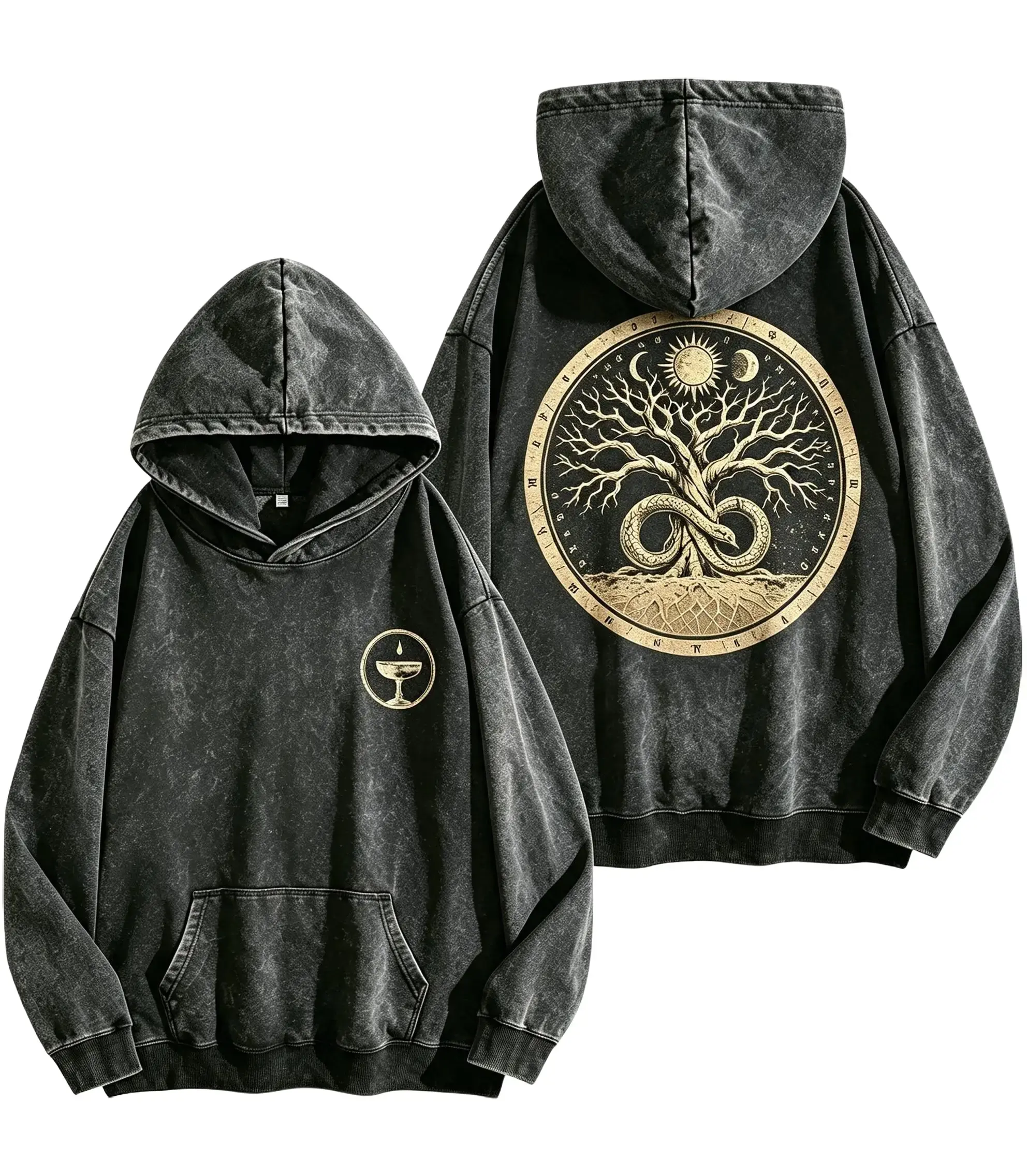 Vintage-wash hoodie featuring an "Ouroboros-entwined Tree of Life" and Holy Grail graphic on the left chest—blending mystical sun-and-moon prints with an oversized, unisex streetwear aesthetic.