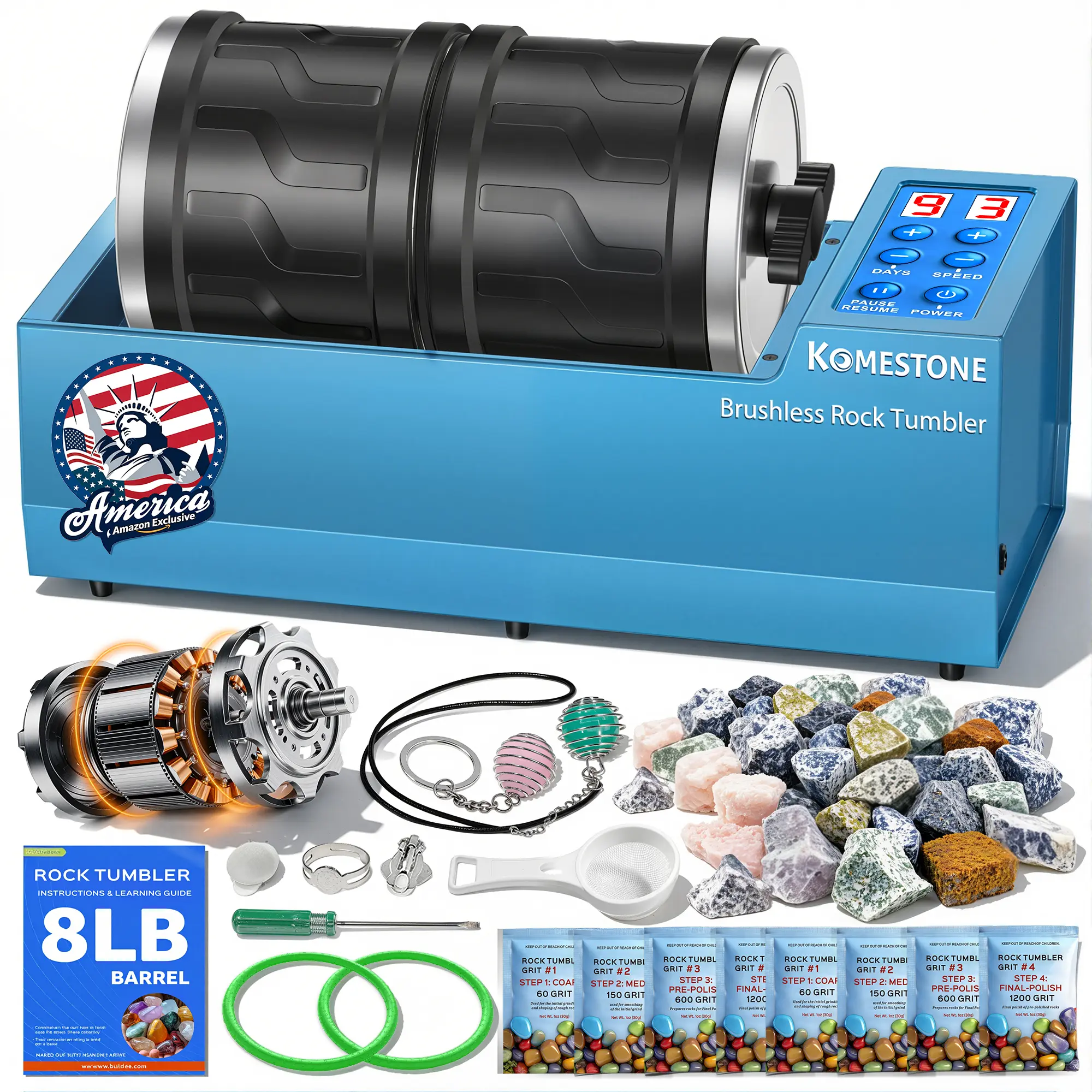 Dual-Barrel Rock Tumbler Kit – 8LB Extra Large Capacity (4LB × 2), Brushless Motor & Heavy Metal Base, 3 Speeds & 9-Day Timer, Rock Polisher for Adults & Collectors, Full Accessories Included