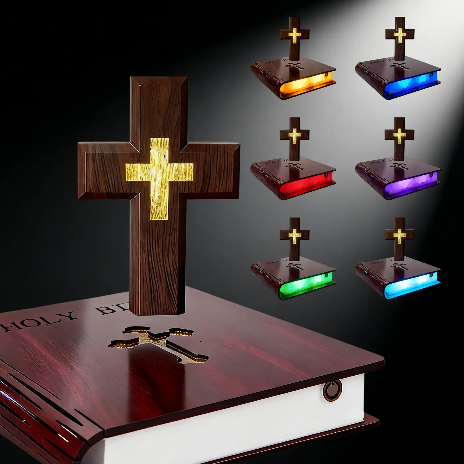 MAGECMOON Magnetic Levitation Wood Grain Laser Cross Bible Verse LED Light Floating Jesus Holy Spirit Decoration Religious Ornaments  Father’s Day Holiday Gift