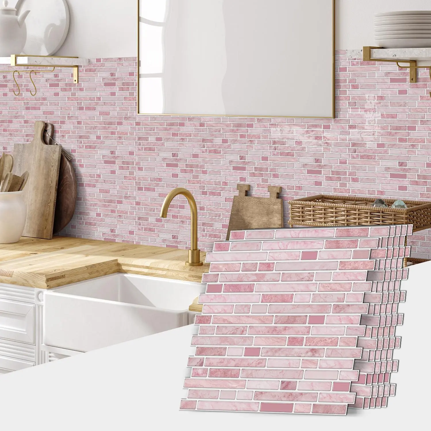 12 pcs Light Pink Home Decoration Self-Adhesive Stickers,Versatile Stickers,Durable Waterproof Decorative Sticker,Easy To Install,For Kitchen Bathroom Backsplash And Walls,12 * 12 Inches