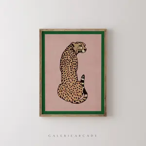 Printable Cheetah, Pink Cheetah Leopard Print, Retro Vintage Cheetah Poster, Bold Green And Pink Vintage Wall Art, Eclectic Wall Decor, Room Decor