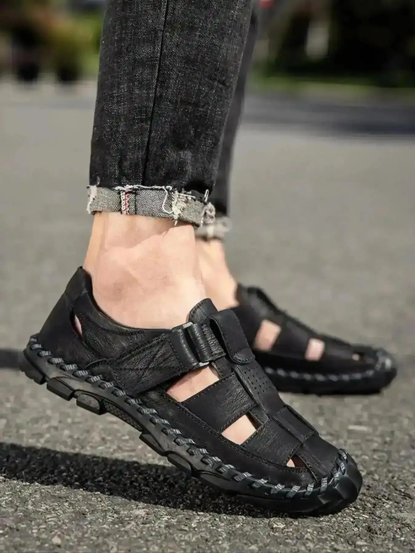Men Handmade Stitching Design Sports Sndls Retro Beach Airy Soft Sole Driving Shoes Comfy Velcro Outdoor Wear Boy Daily Basic Light Easy Off Minimalist Slip Resistant Cushioned Chic Snkrs Essential Style breathable