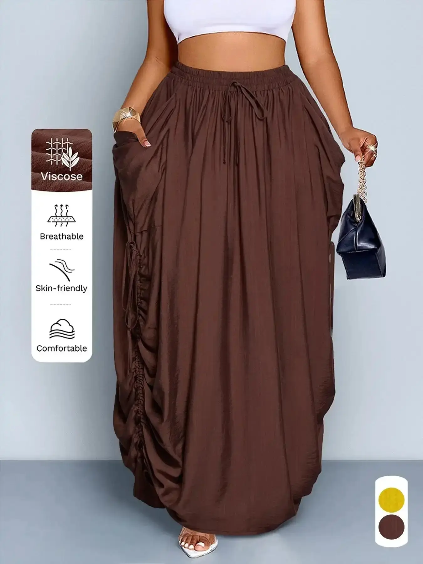 Plus Size Women's Summer Casual Breathable Long Skirt, Fitted Solid Color with Waist Pockets and Drawstring, Daily Commute Style Bottom, All-Season Fashion chic look slim fit everyday essential figure flattering
