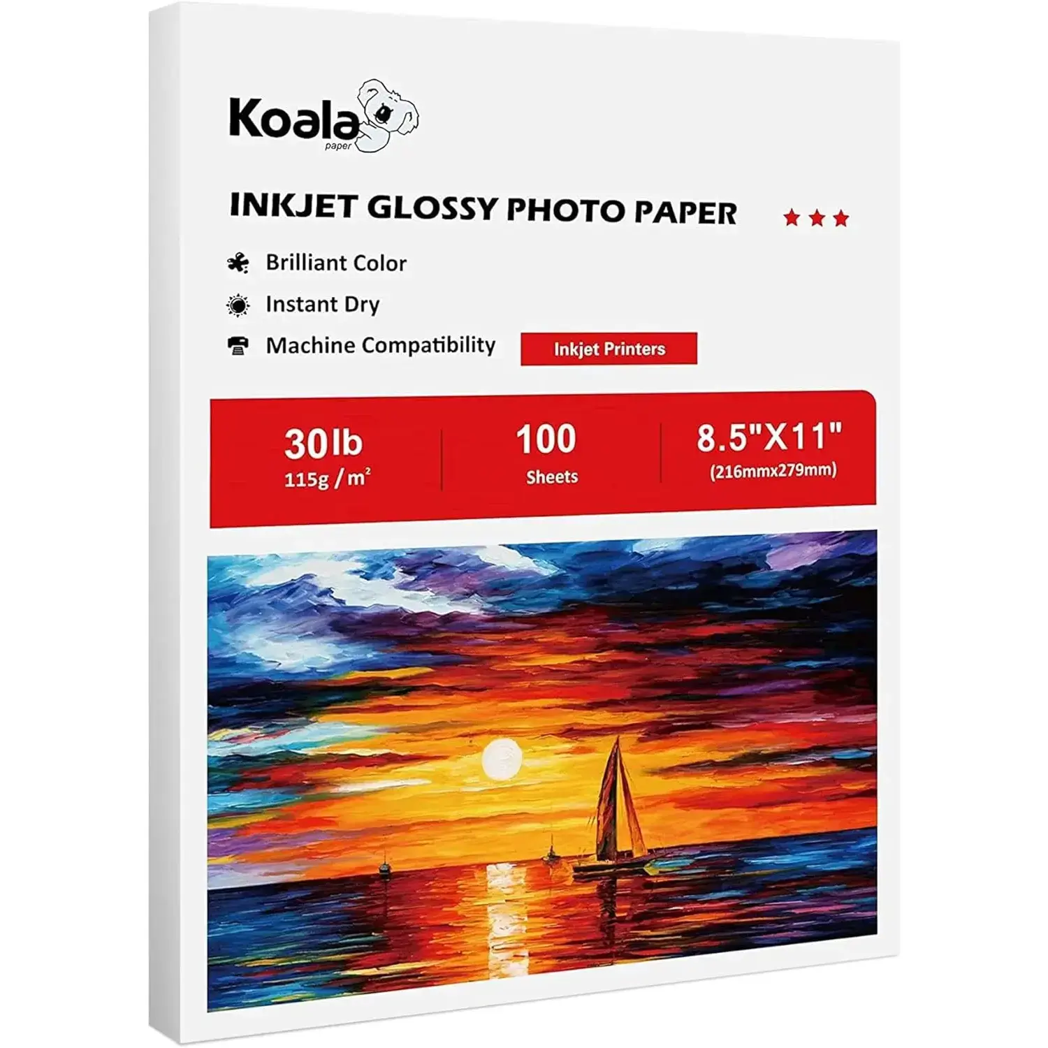 Koala Glossy Thin Inkjet Paper, 8.5x11 In, 100 Sheets, 115gsm - Dye Ink Compatible for Inkjet Printers, Ideal for Custom Chip Bags, Reports, Brochures, Candy Wrappers