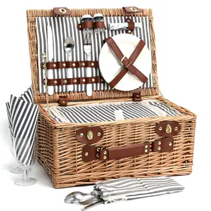 17Pcs Natural Wicker Picnic Basket Set for 2 with Insulated Liner for Camping,Wedding,Valentine Day,Gift - Stripes