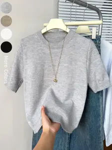 Women's Short Sleeve Crew Neck Knit Top Spring/Summer Solid Color Casual Daily Wear Simple Cute Lightweight Sweater Top, Summer Tops for Women, Summer Outfit for Women, Summer Knitwear, Women Cute Summer Tops