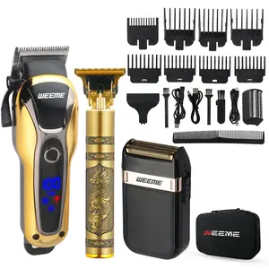 WEEME Professional 3-Piece Gold Barber Kit: 210-Min Long Battery Hair Clippers, Pro T-Blade Trimmer & Double Floating Shaver - All-in-One Grooming Set with Carrying Case & 8 Guards