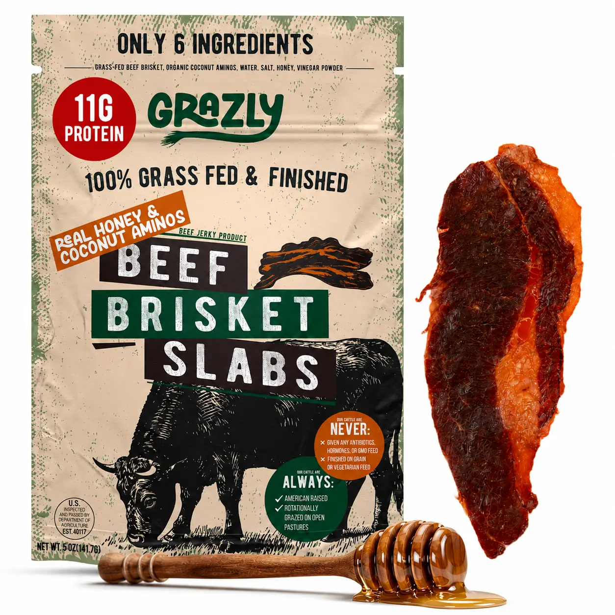 Grazly Raw Honey & Coconut Aminos Beef Brisket Slabs,100% Grass-Fed & Finished,Soft Fatty Beef Snack with Natural Rendered Fat