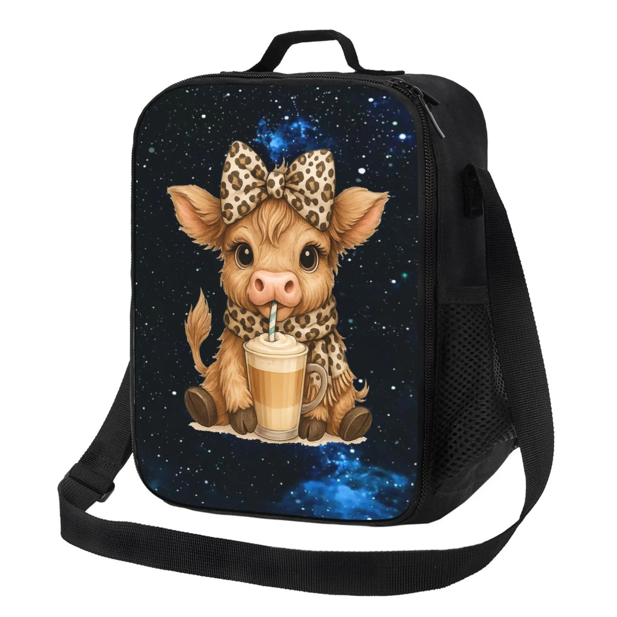 Highland Cow Insulated Lunch Bag, Cute Cow With Leopard Bow Coffee Galaxy Print Lunch Box, Reusable Thermal Cooler Tote Bag with Adjustable Strap, Waterproof Lunch Container for School Office Picnic Travel