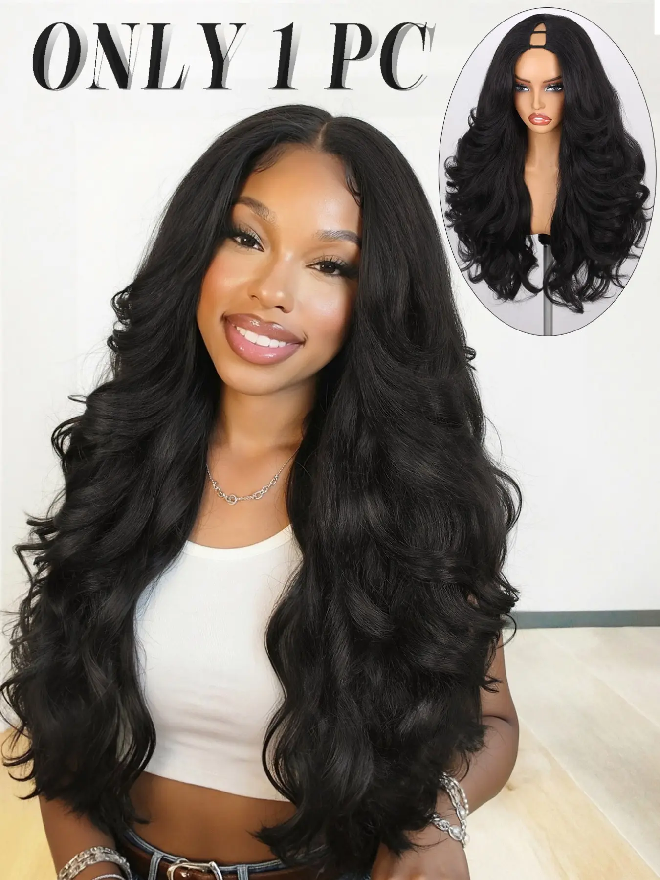 Yaki Curly V Part Wig 26 Inch, Synthetic Half Wig Glueless U Part, Flip Curls, Natural, for Women, Daily Party Use, Natural Looking Wig, Glueless Wavy Wig