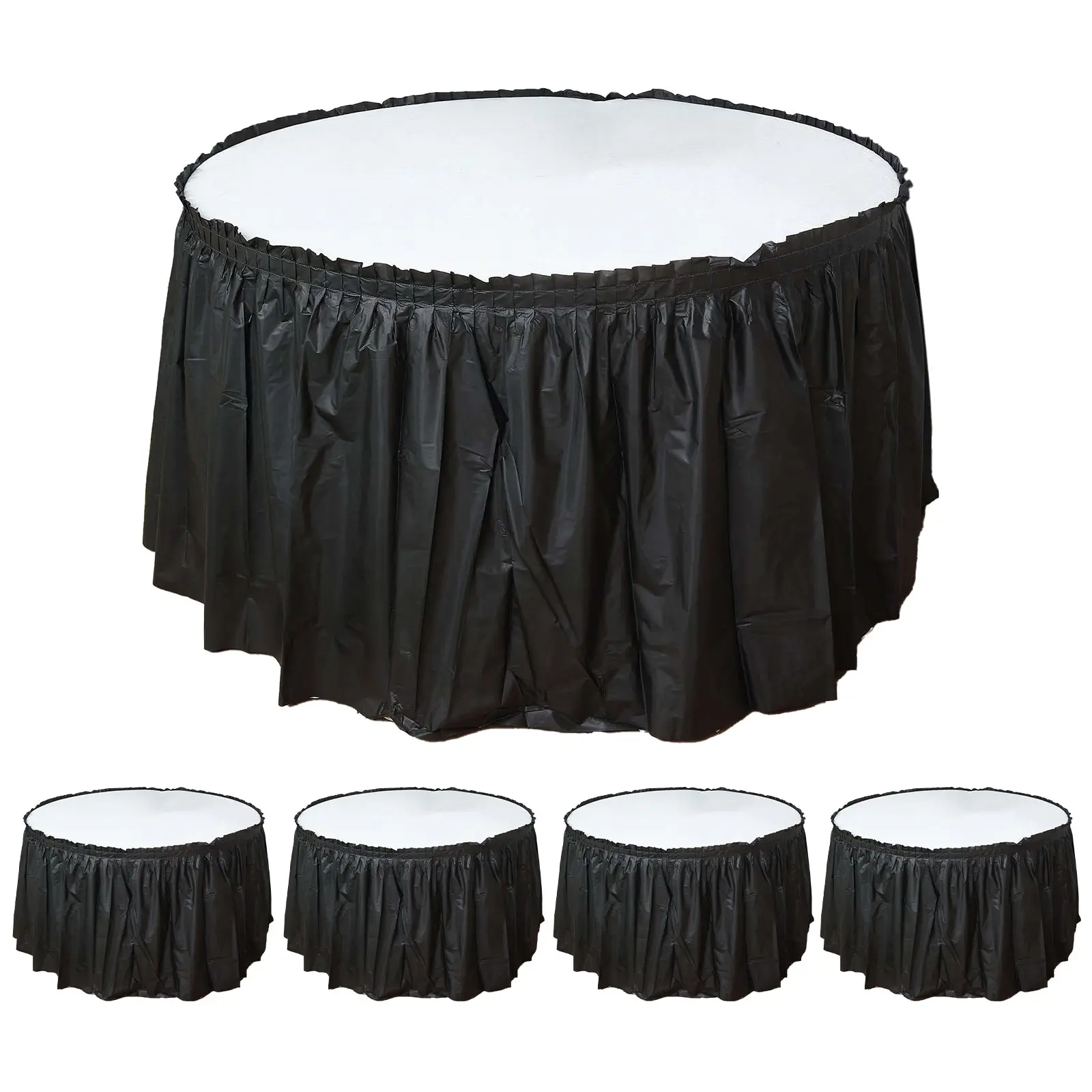 5-Pack Plastic Ruffled Table Skirts (14ft, Black) - Waterproof Disposable Party Decor, Outdoor/Indoor Restaurant Decoration for Birthdays, Weddings