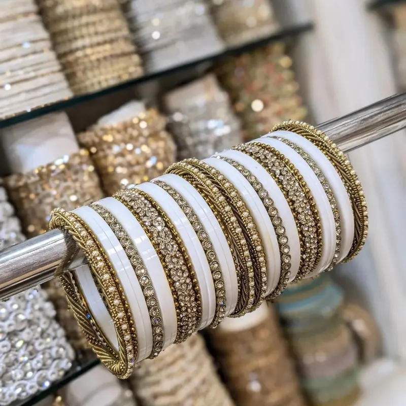 Elegant Gold Rhinestone Bangles Set - Classic Semi-Formal Casual Costume Jewelry, Short Punjabi Chuda with Cubic Zirconia, 2.4 & 2.6 Sizes for Anniversary Fashion Accessory