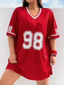 【Plus Size】 Number Print V Neck Dress, Casual Chic Dress, Casual Fashionable Dress, Casual Street Dress for Summer, Women's Plus Clothing for Daily Wear