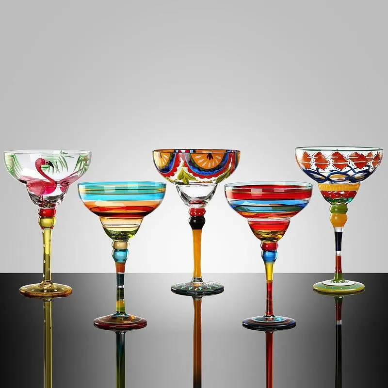 Hand-Painted Cocktail Glasses, Unique Floral and Geometric Design, Colorful Cognac Glasses for Home Bars, Hand Wash Only