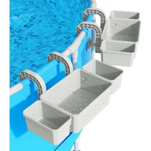 Poolside Storage for Above Ground Pool Accessories, Thickened Plastic Pool Basket with 2 Pool Cup Holder, Multifunctional Poolside Holder Fits for  Frame Pools (2 Pack)