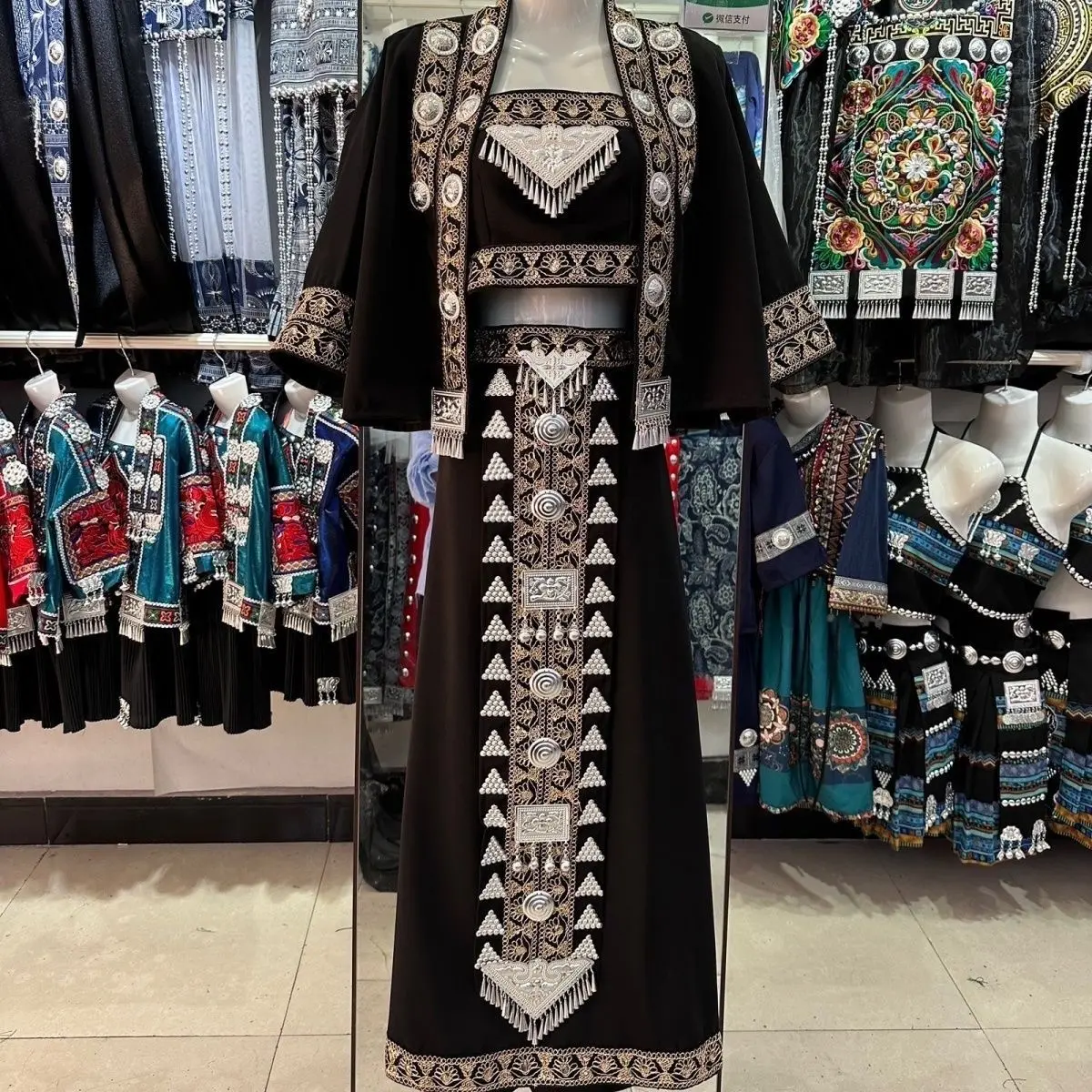 Lady's Ethnic 3-Piece Dress Set - Metallic Cape Jacket, Crop Top & Long Skirt with Woven Patterning for Festivals, Traditional, Embroidery, Elegant, Sleeves, Cape Sleeve, Hand‑Stitched Art