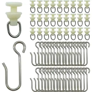 100 Pieces Shower Curtain Pack of 50 Pieces Hooks and 50 Pieces Gliders for Shower Curtain Straight Curved Curtain Track Rollers for Bendable Curtain Track Pulley, Curtain Track Carrier Hooks