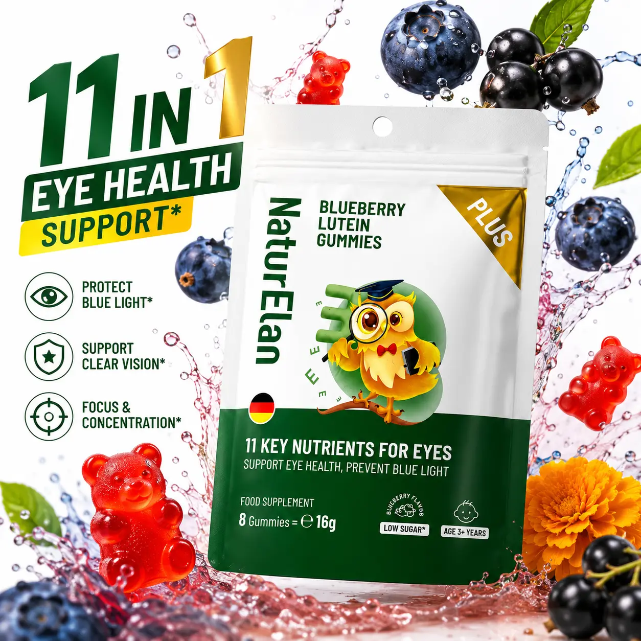 NaturElan Eye Health Gummies | Lutein & Blueberry Eye Vitamins | Blue Light Support & Vision Support for Screen Users | Sugar Free | 8 Gummies