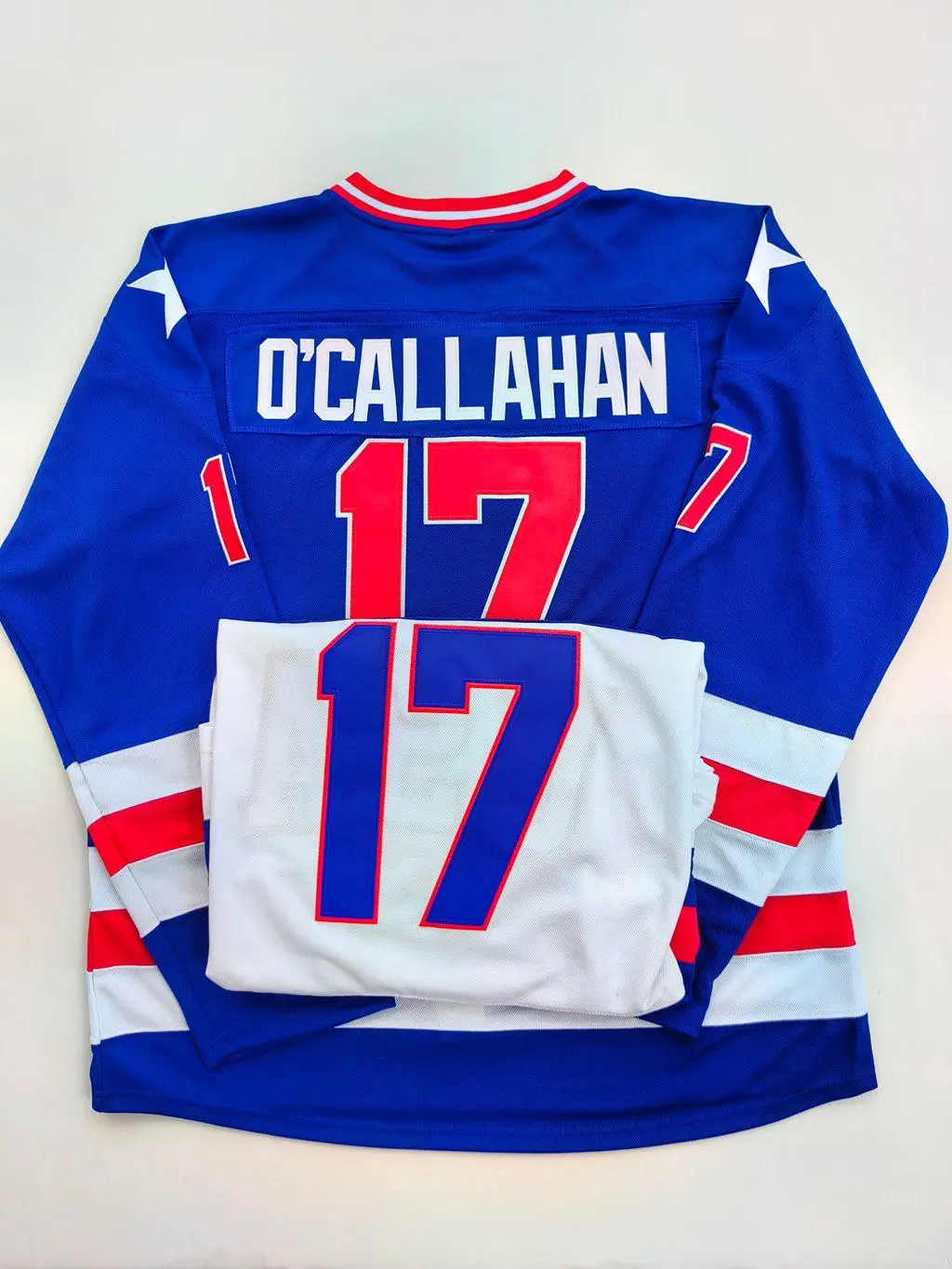 Full Print O'Callahan 17 Jersey - Blue and White Hockey Uniform with Red Accents - Perfect for Fans and Players