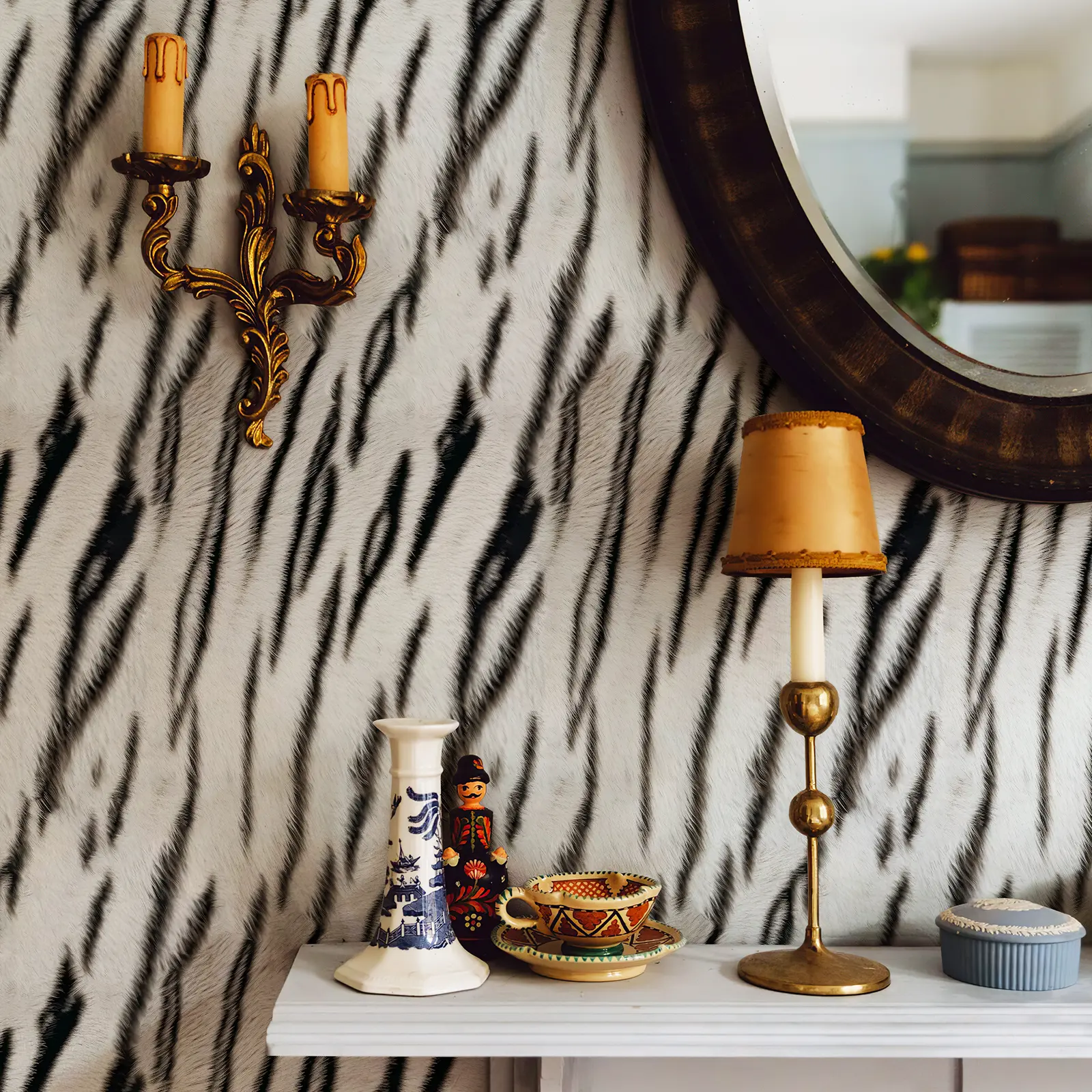 JIFFDIFF Black and White Tiger Stripe Peel and Stick Wallpaper, Velvet Textured Animal Print Self Adhesive Wall Covering for Bedroom, Living Room, Bathroom and Accent Wall Decor