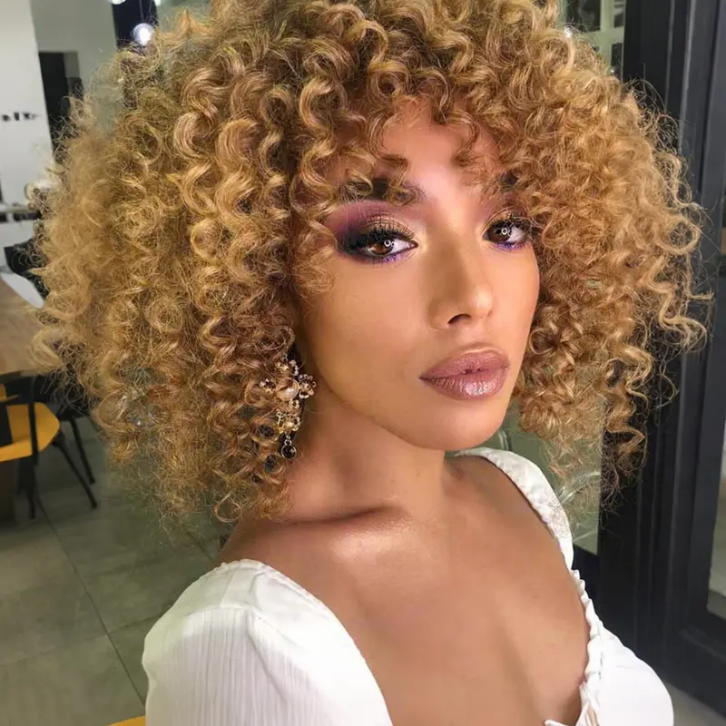 12 Inch Curly Wigs for Women, Gorgeous Fluffy Wigs with Bangs, Synthetic Full Machine Wigs for Party, Daily Use, Fluffy Effortless Wig