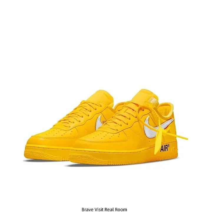 Off-White x Air Force 1 Low Full Yellow White Swoosh Yellow Zip Tie Decor Retro Casual Sneakers Yellow Rubber Outsole Smooth Leather Street Fashion Trainers for Men Women