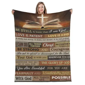 Faith-Based Flannel Throw Blanket - Soft Flannel Fabric with Bible Art Prints, Cross Detail, Inspirational Verses, Multi-Size Bedding for Devout Christians, Cozy Bedroom Decor, Religious Print Blankets