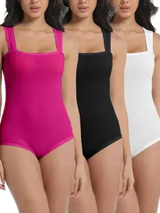 Women's 3 Count Ribbed Bodysuits - Sexy Square Neck Tummy Control Tanks with Snap Closure shirts goodwill clothes summertops 2025 black on top