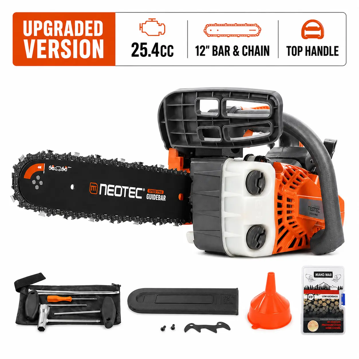 【summerfinds】NEOTEC Gas Chainsaw, Upgraded 25.4CC 12" Top Handle 1.2HP 2-Stroke Lightweight Handheld Chainsaw with Bar & Chains for Tree Trimming, Home Yardwork, Dad Gift