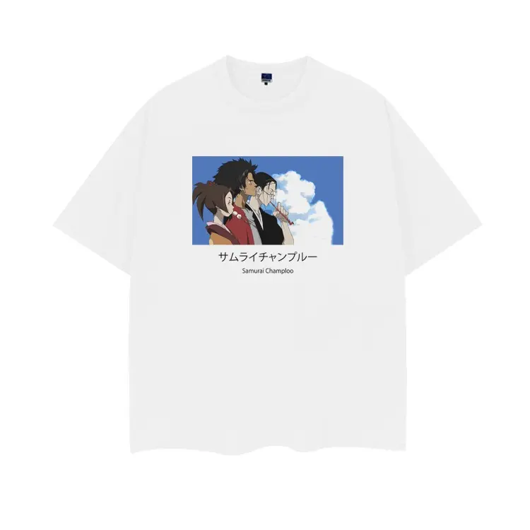 Men's Samurai Champloo Main Characters Vintage Oversized 100% Cotton Original Design Round Neck Crewneck T-Shirt, Casual Streetwear Baggy Short-Sleeve Menswear Top