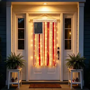 Lighted American Rag Flag Banner With LED Fairy Lights, 4x2.3 Ft Rustic Patriotic Tassel Garland For 4th Of July Decoration, Aesthetic Americana Wall Hanging For Porch Yard Party, Independence Day Celebration Home Decor 250th Anniversary summerwins